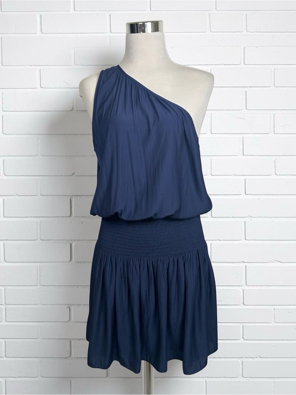 Ramy Brook Leah One Shoulder Smocked Mini Dress in Navy NWT